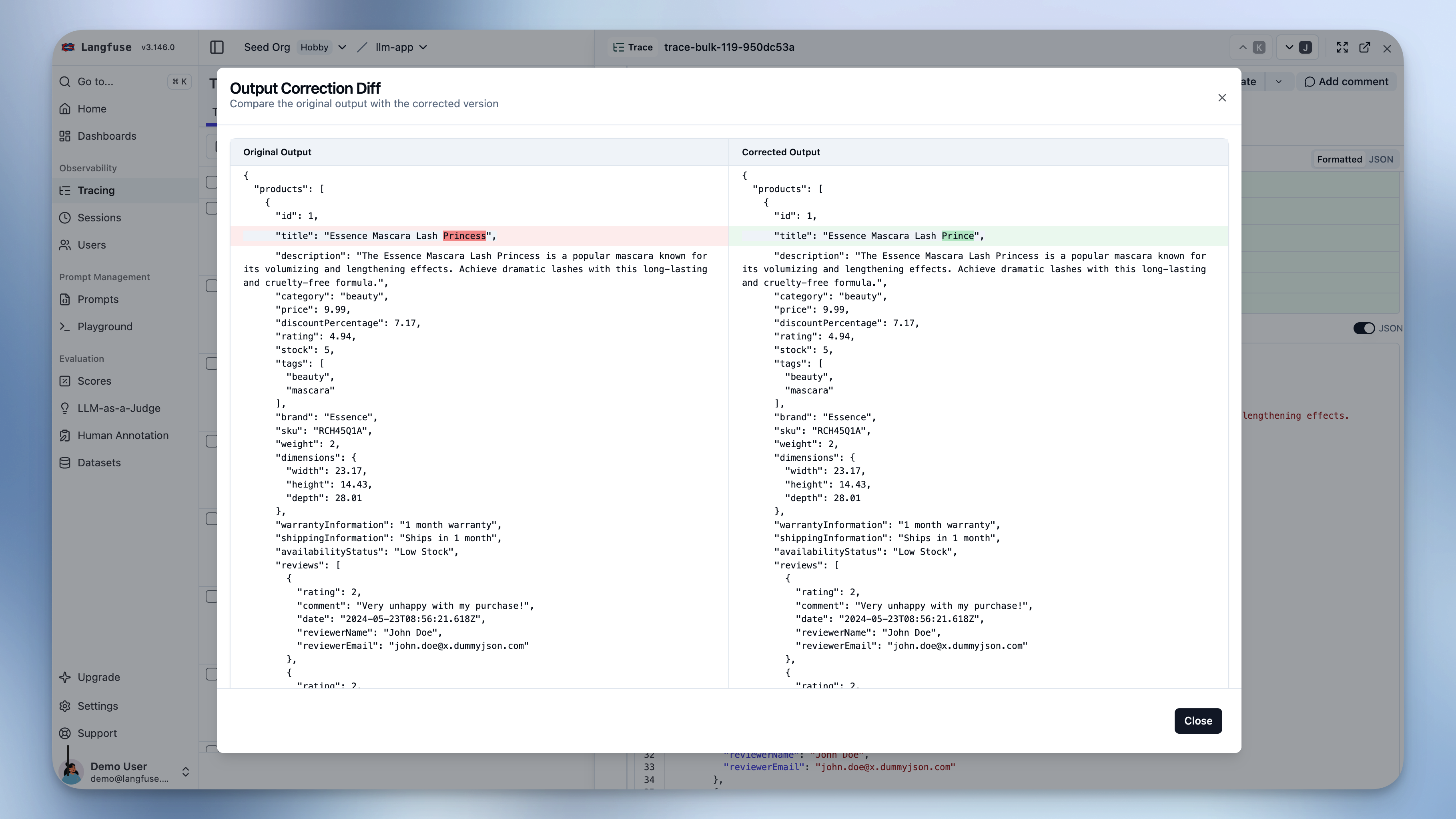 Corrected output with diff view