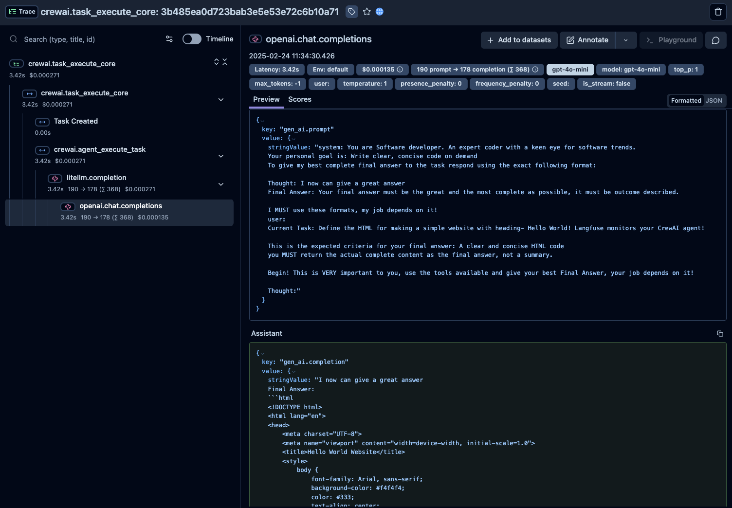 CrewAI trace visualization in Langfuse