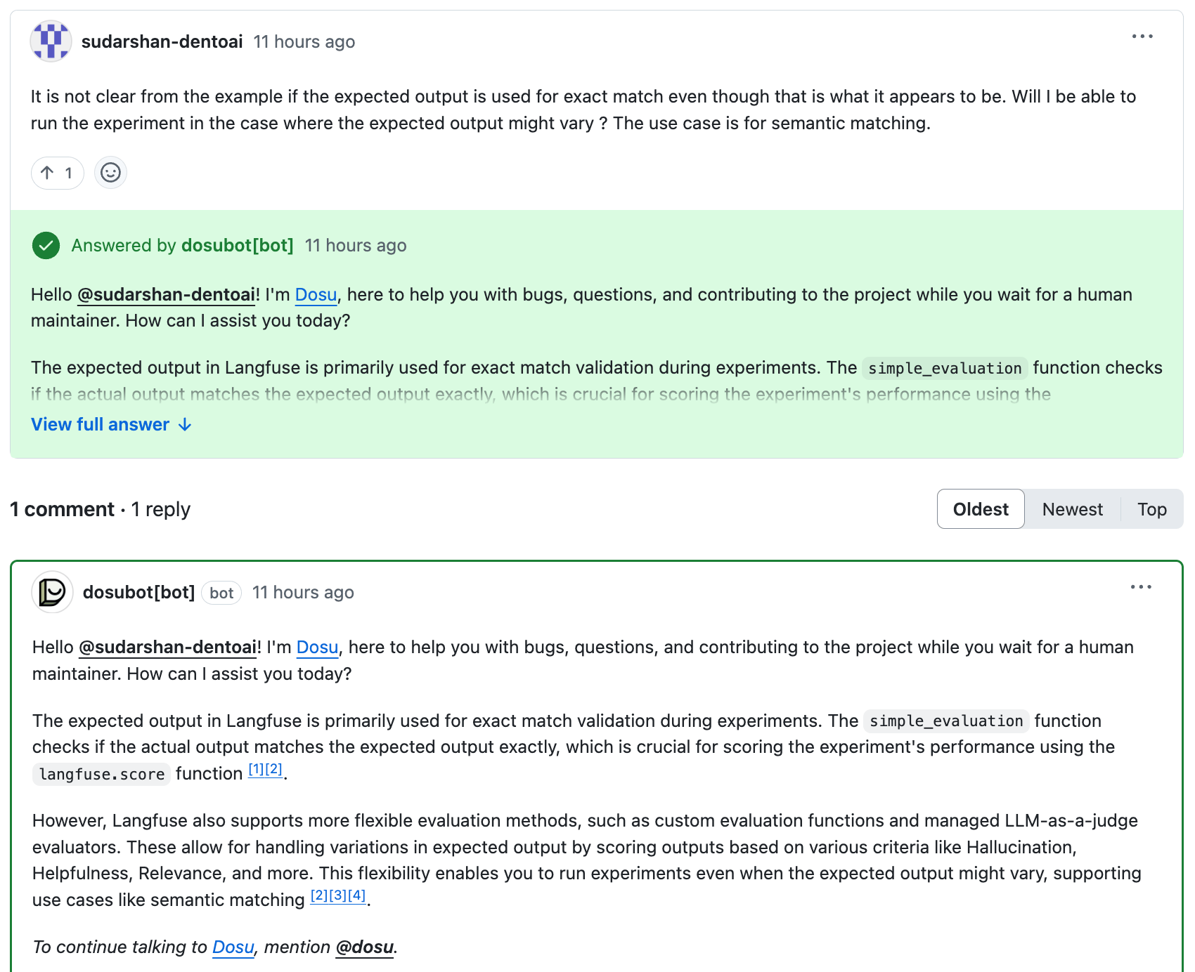 Example Dosu resolving a thread in GitHub Discussions