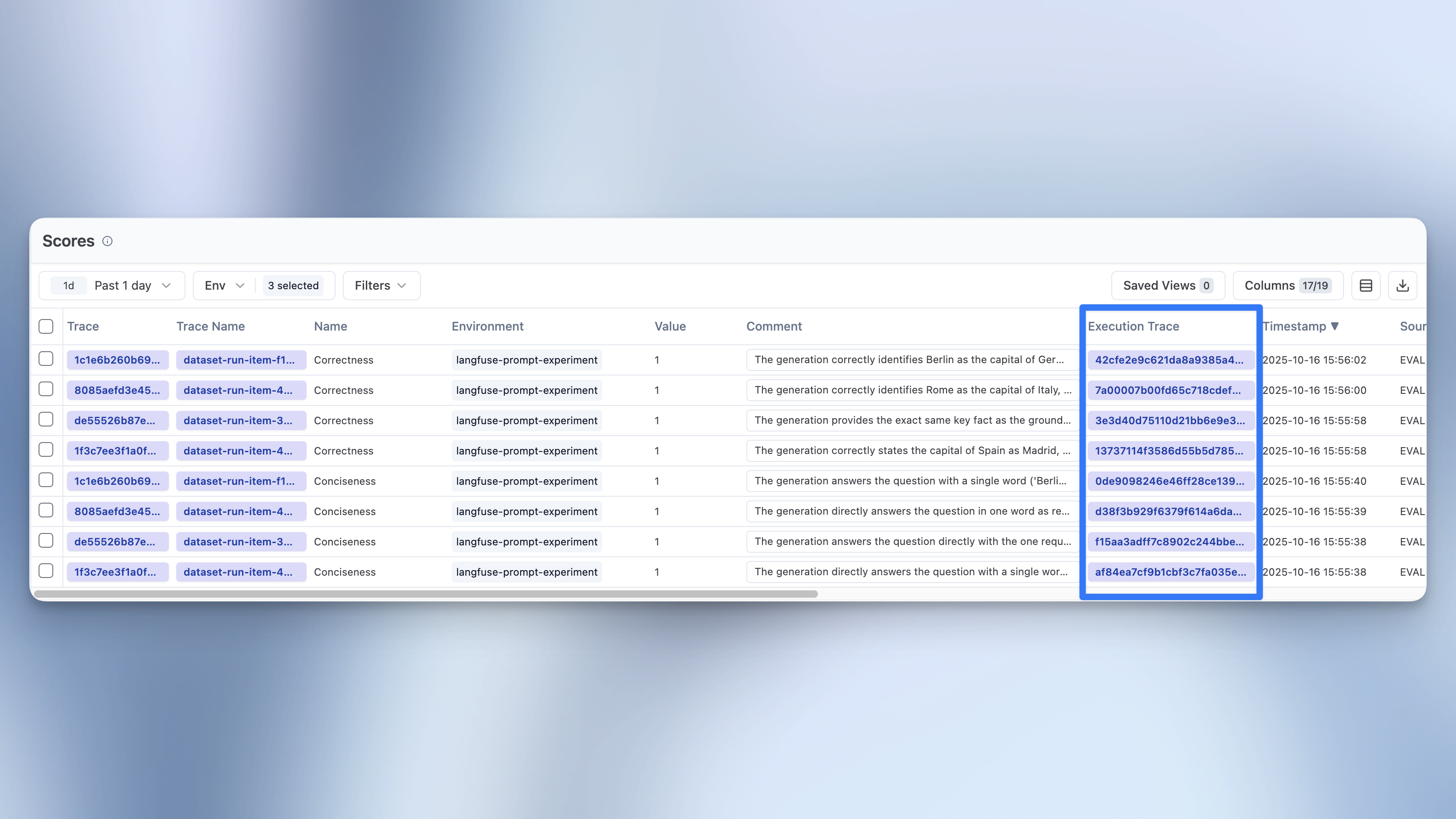 Scores table with execution trace column