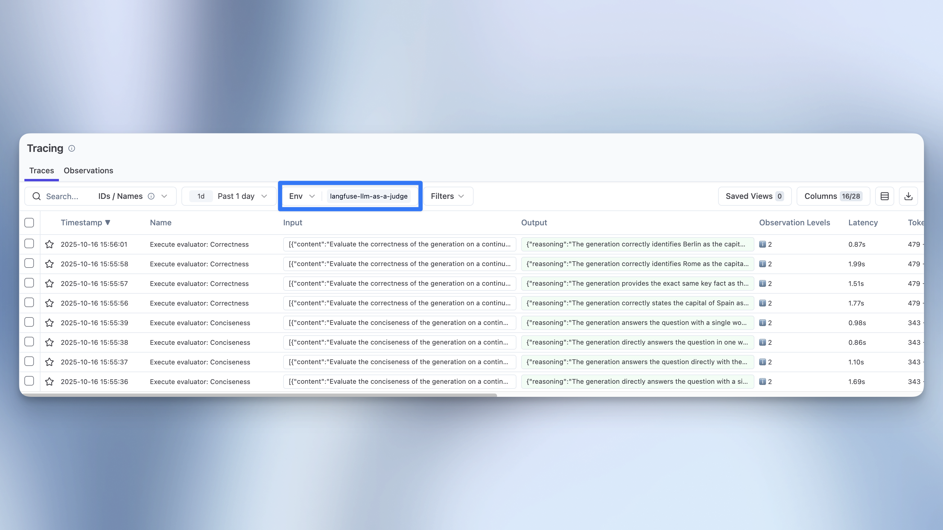 Tracing table filtered to langfuse-llm-as-a-judge environment