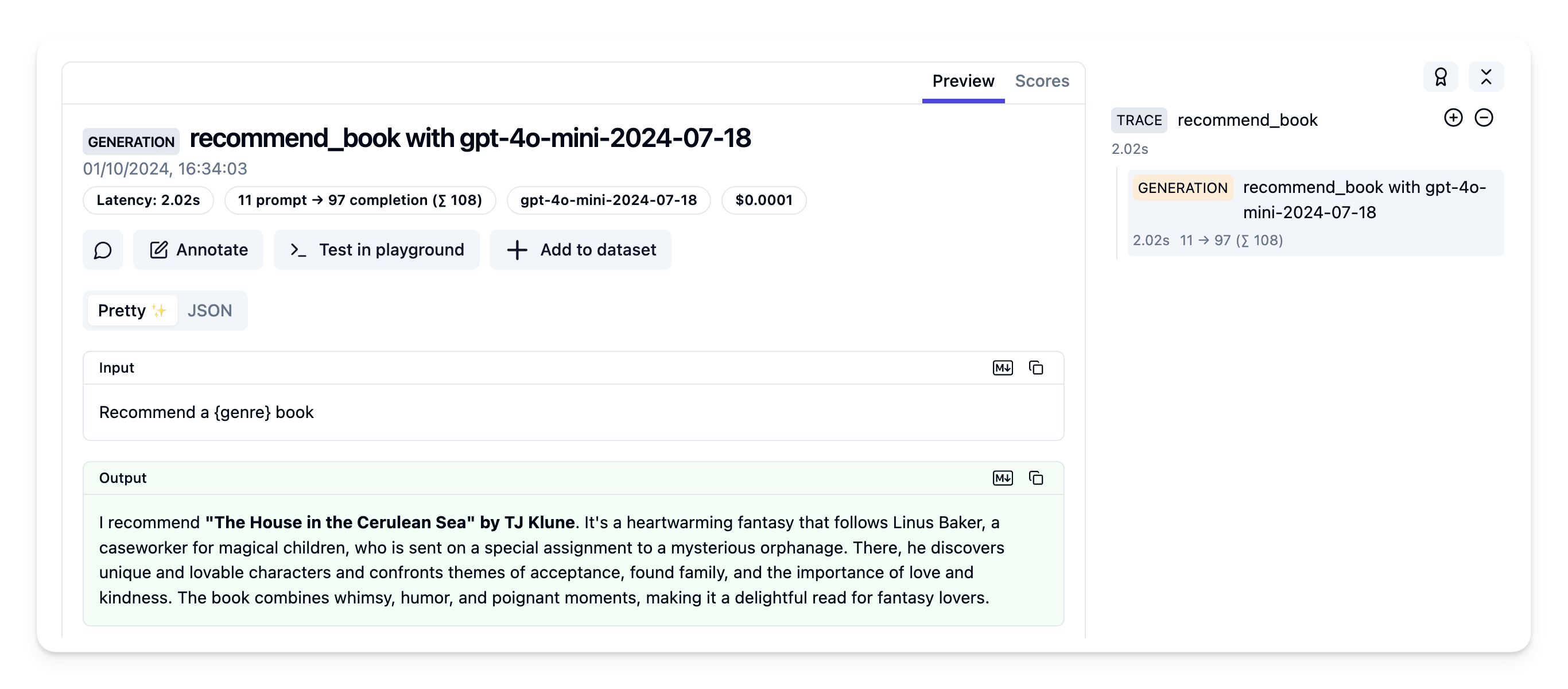 Example trace in Langfuse