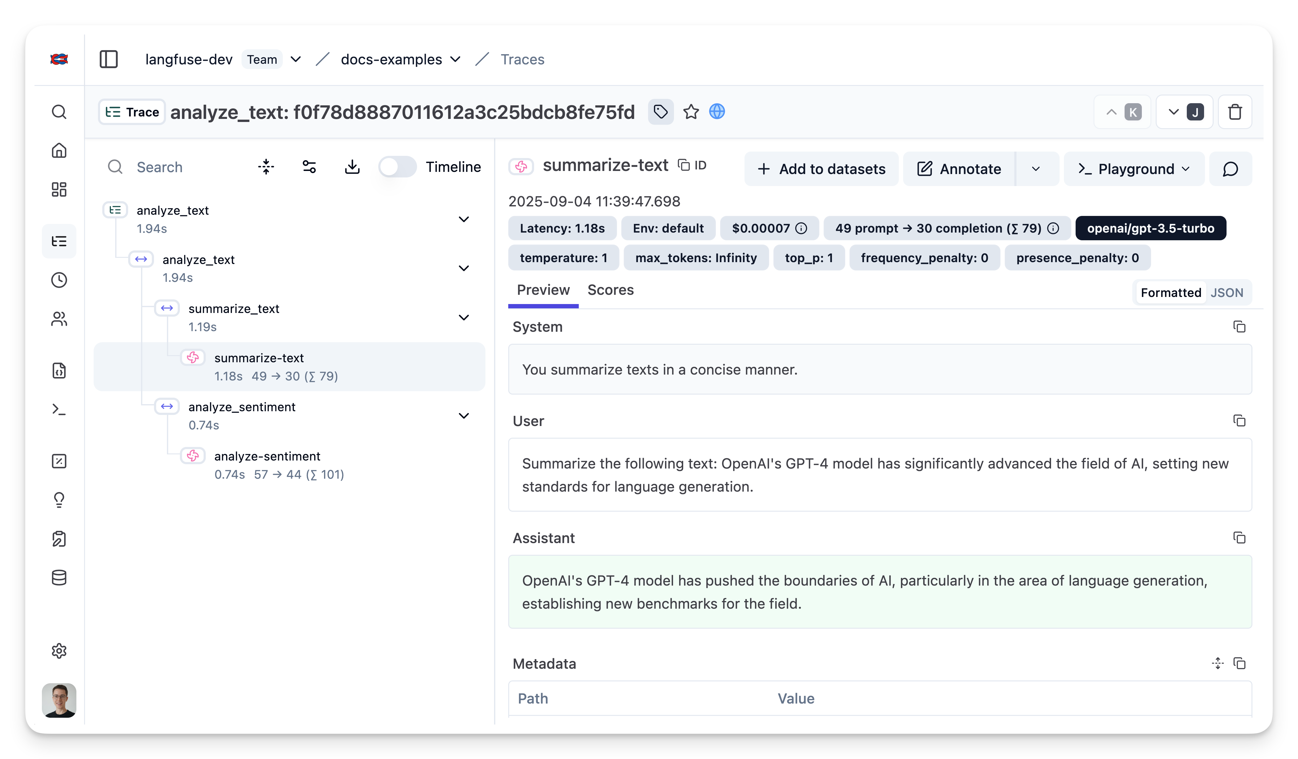 Example trace in Langfuse