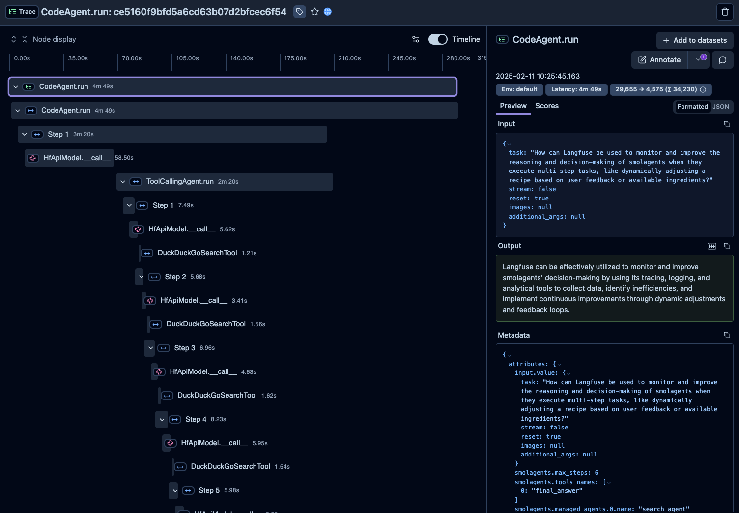 Smolagents Example trace in Langfuse