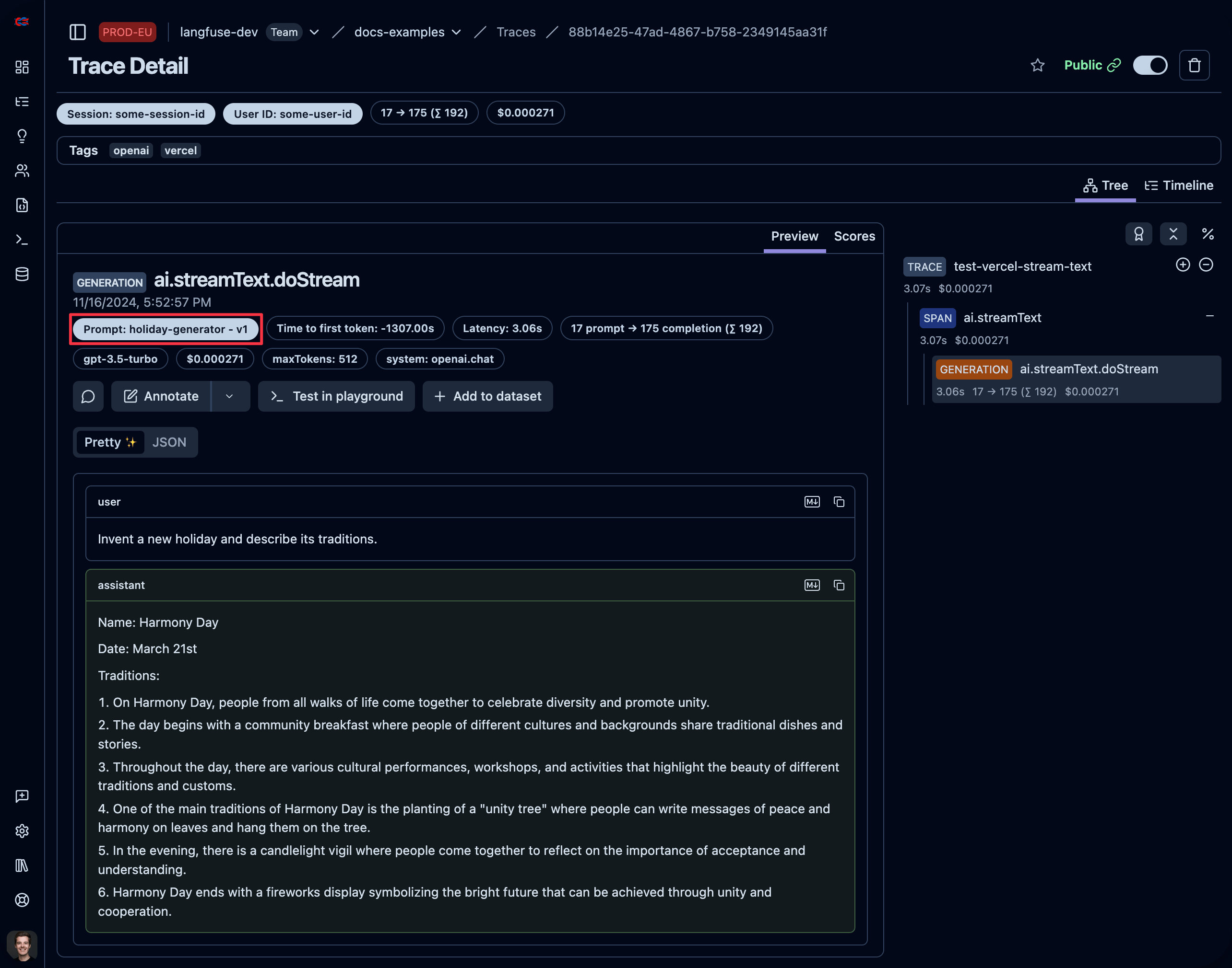 Langfuse Vercel AI SDK trace linked to a prompt version